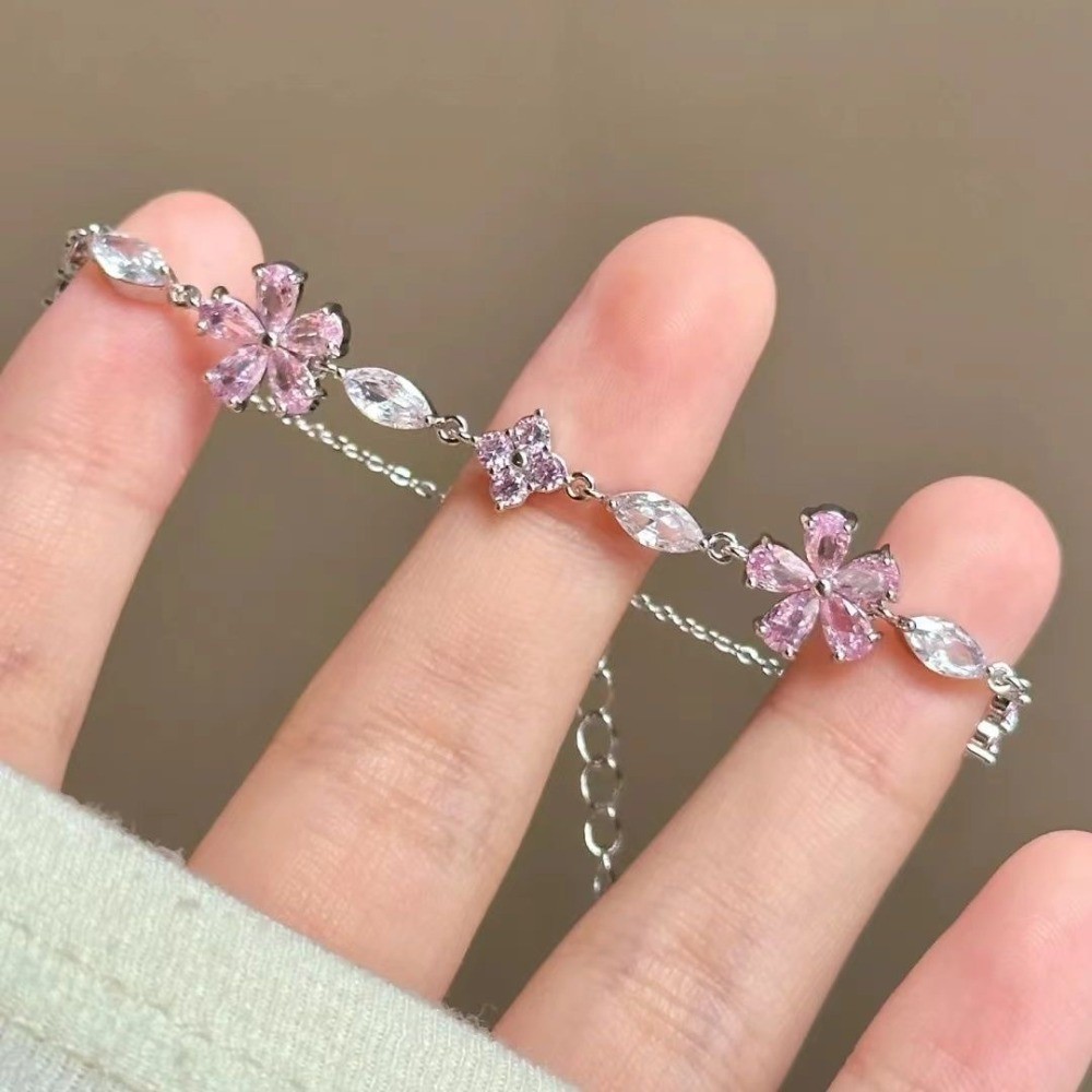 Zinc Alloy Rhinestone Cherry Blossom Pink Flower Bracelet for Women Girls Gift