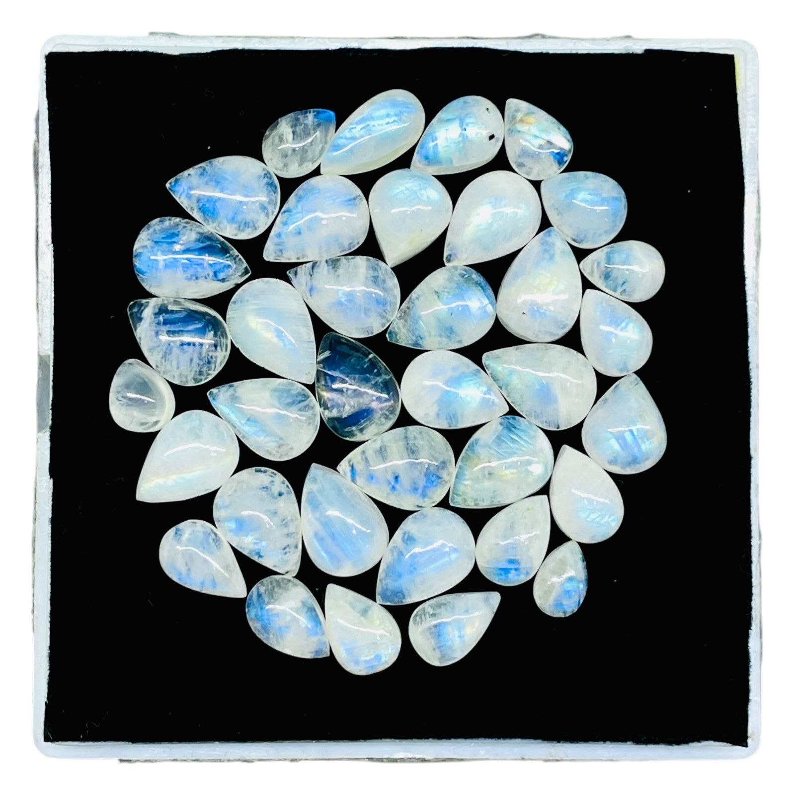 36 Pcs Natural Rainbow Moonstone 10-14mm Pear Blue Flash Cabochon Gemstones Lot