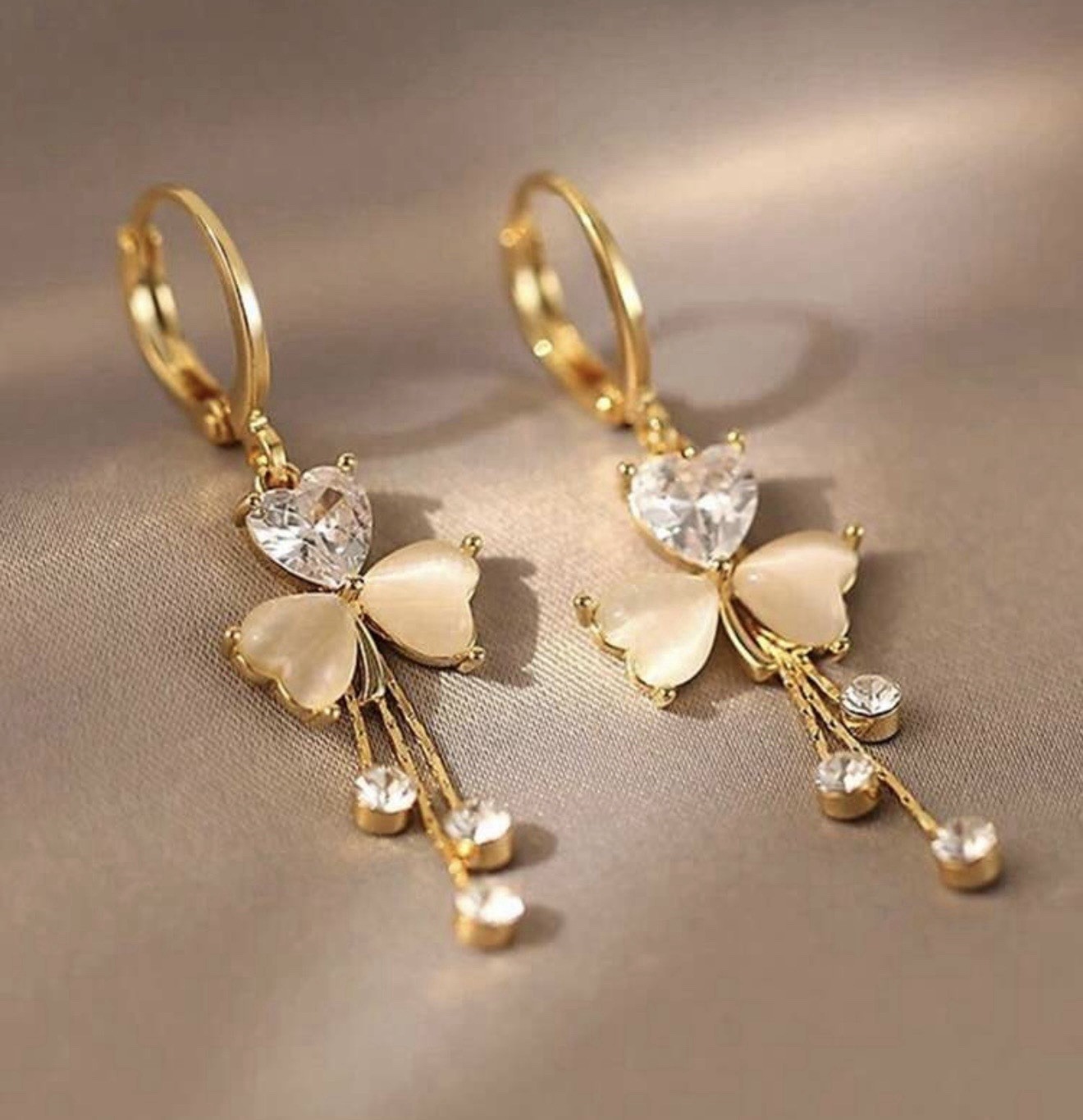 Gold-Tone Butterfly Clear Crystal Heart Dangle/Drop Hoop Earrings, Latch Back