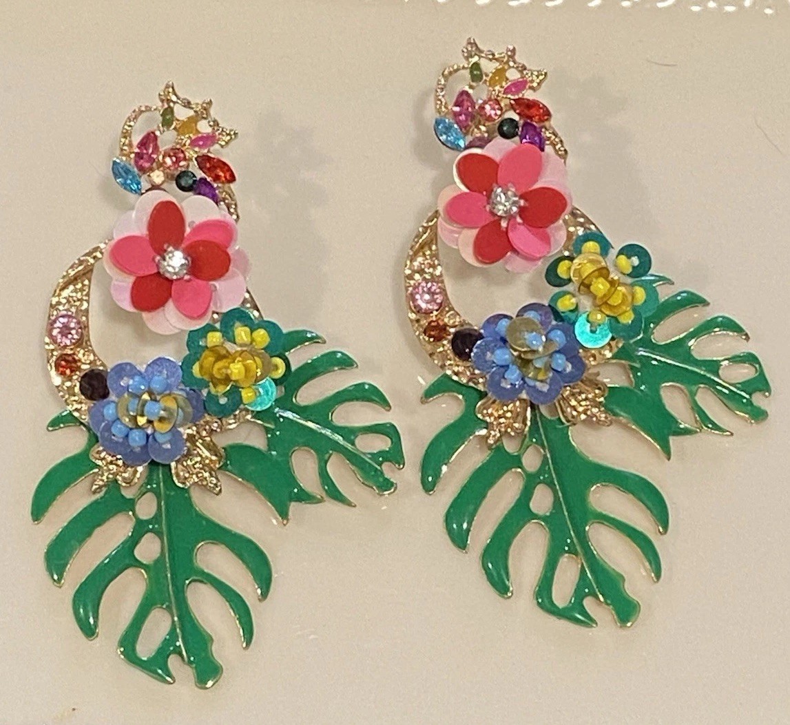 Vintage Flowers and Palm Leaf Drop Pierced Earrings 3.5 Inches Long Multi-color