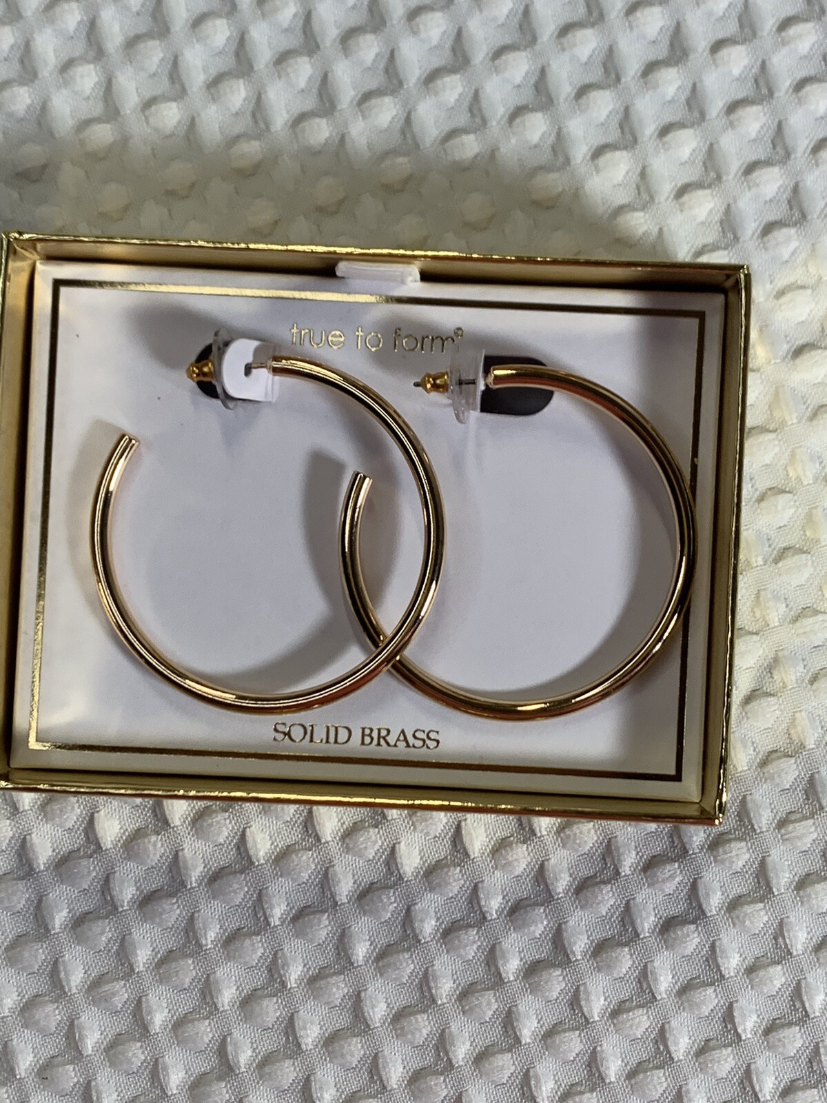 True To Form Hoop Earrings Solid Brass 2 1/8″ Diameter . New in Box