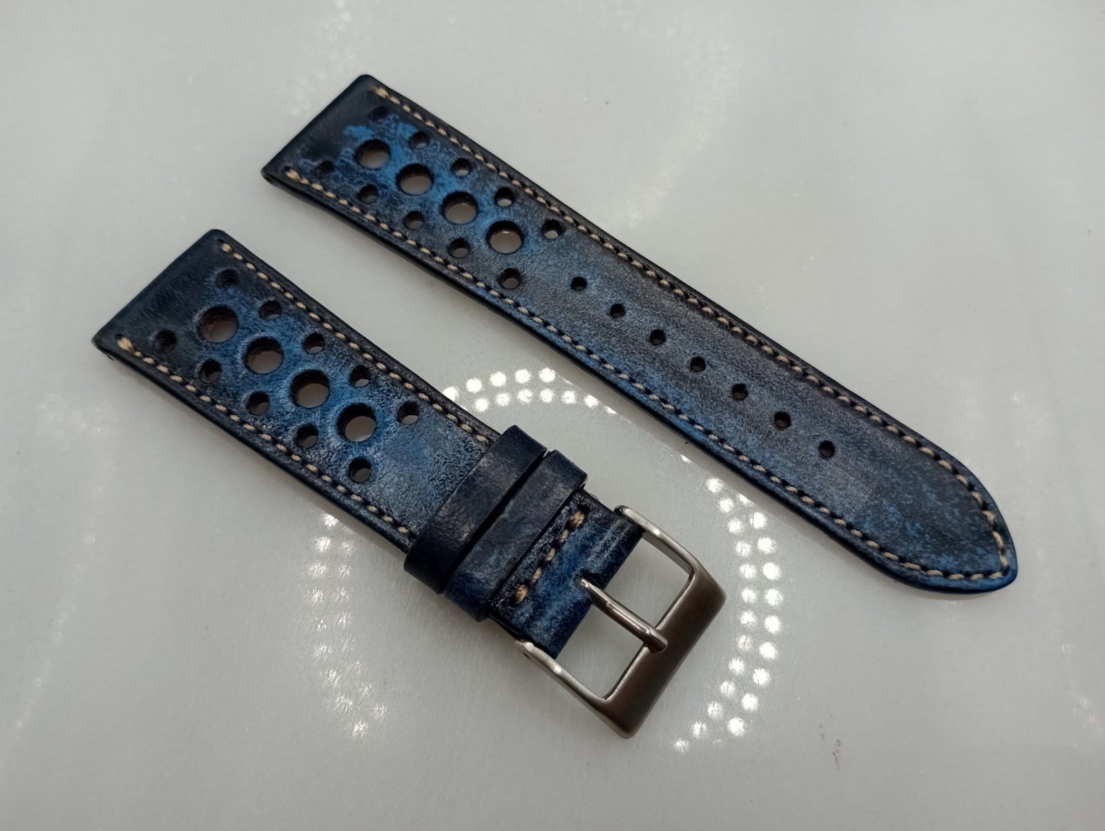 New 22mm Watchgecko Geckota Handmade Genuine Leather Blue Watch Strap 6B440
