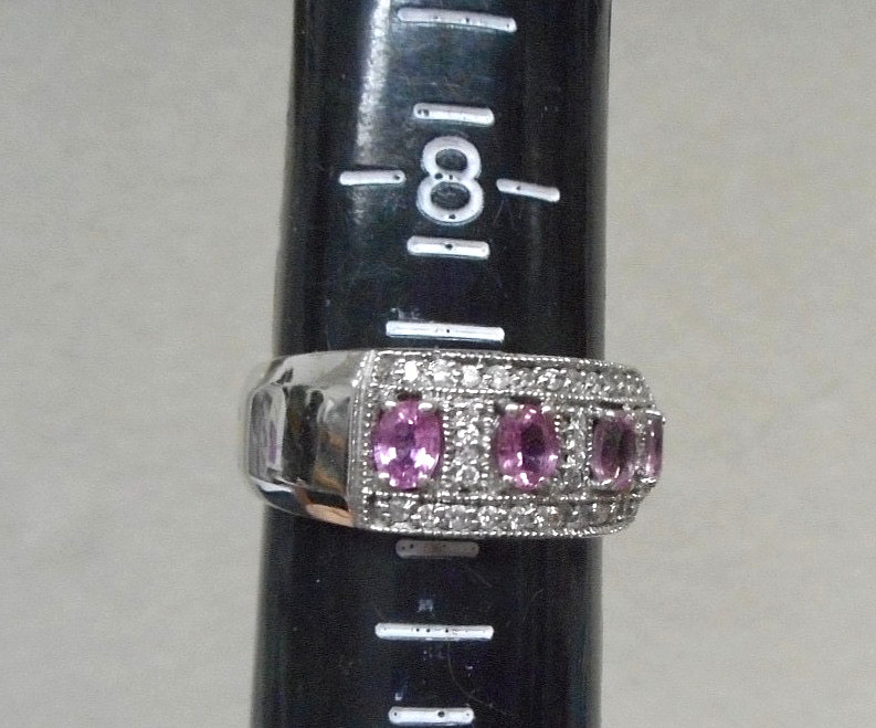 14K White Gold Pink Sapphire and Diamond Pave Band Ring Size 9 6.40 Grams-Vntg