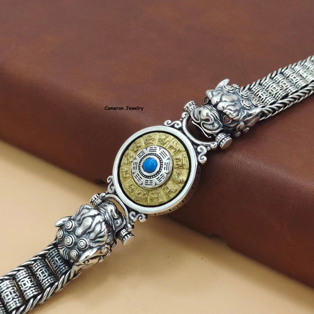Pure S925 Sterling Silver Chain 11mm Double Pixiu Tube Link Bracelet 7.1-8.7in