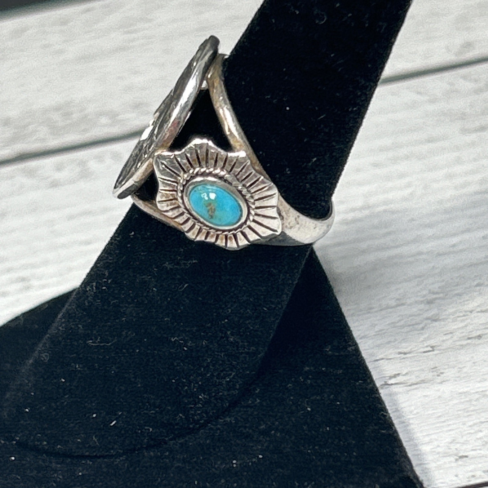 Vintage Silver 925 Navajo 1937 Indian Head Nickle Turquoise Ring Signed BBJ Sz 7