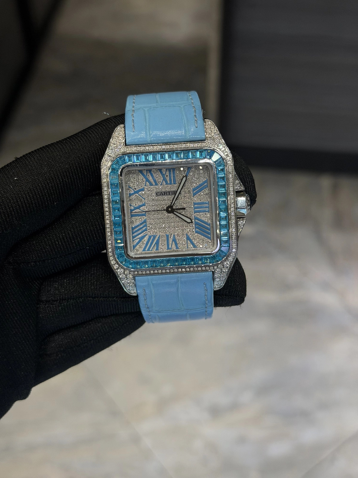Cartier Santos 100 Custom Dial on Custom Blue lather 2656 with Box