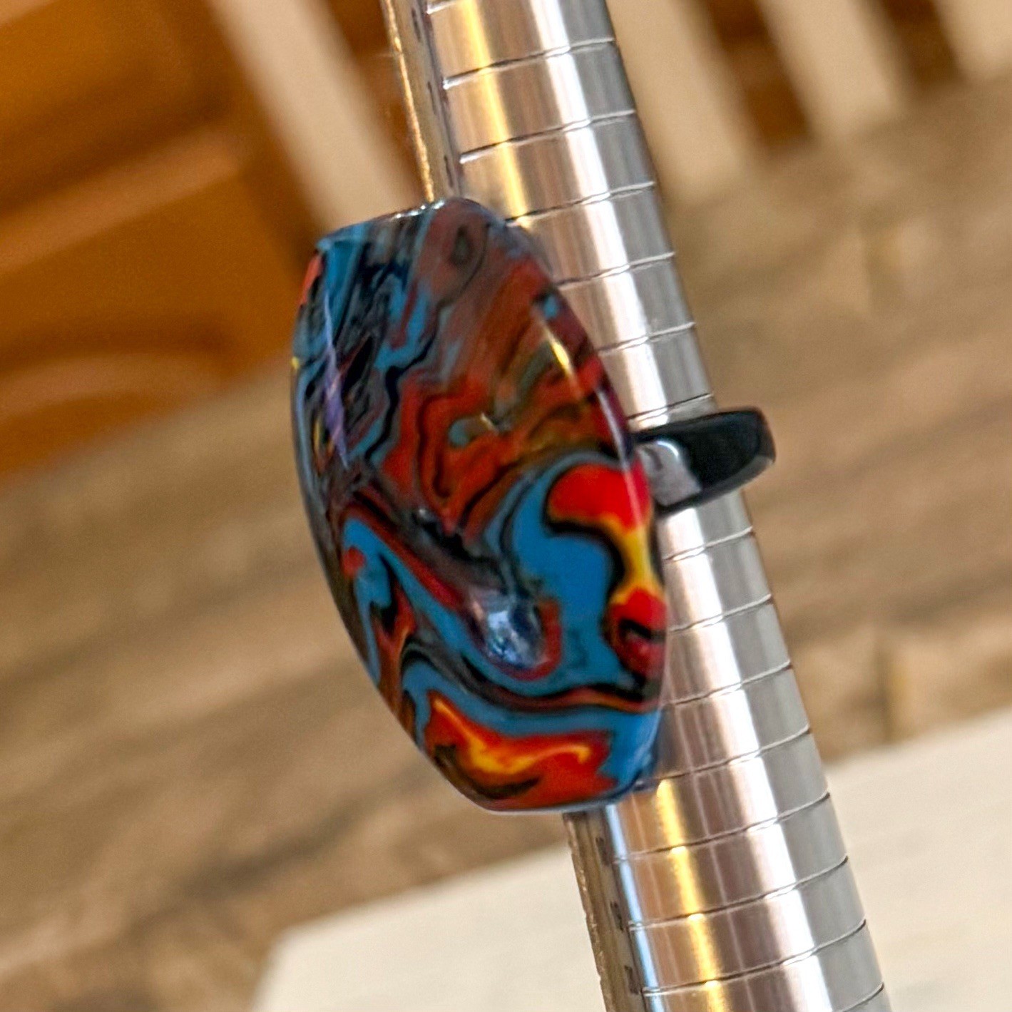 Vintage Plastic Multicolor Swirl Chunky Ring Turquoise Red Black Yellow Size 6.5