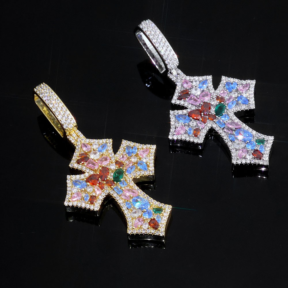 Mens Women Cross Pendant Gold Plated Colorful CZ Pendant Chain Gift Hip Hip