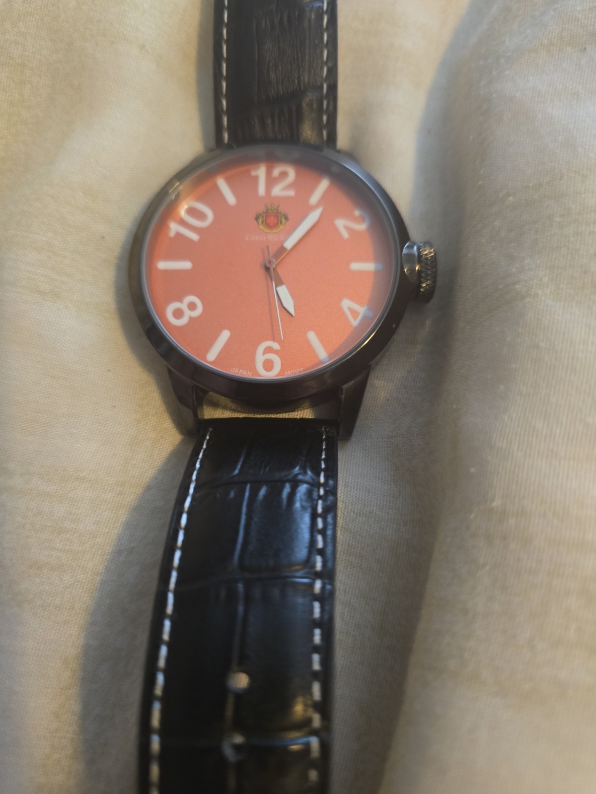 Louis Richard 9821 Dalton White Numerals Orange Dial Case Leather Strap Watch