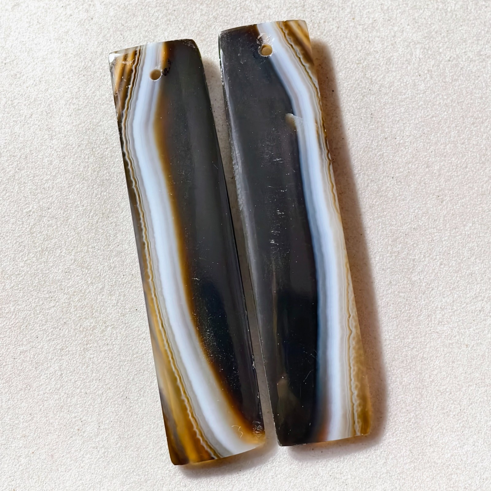 34 Cts Natural Black Banded Agate Drilled Pair Cabochon Gemstone 45.8X10.8 MM