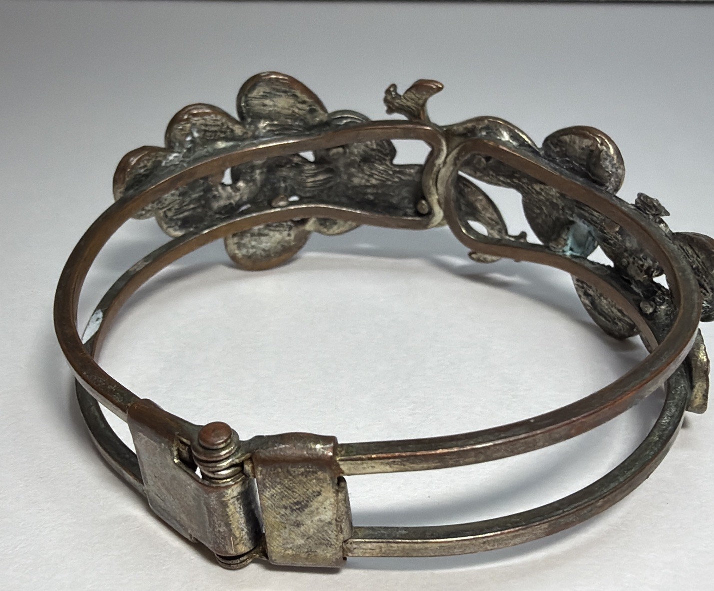 Vintage Peacock Motif Hinged/Cuff Bracelet with Faceted Stones Copper/Silver Mix