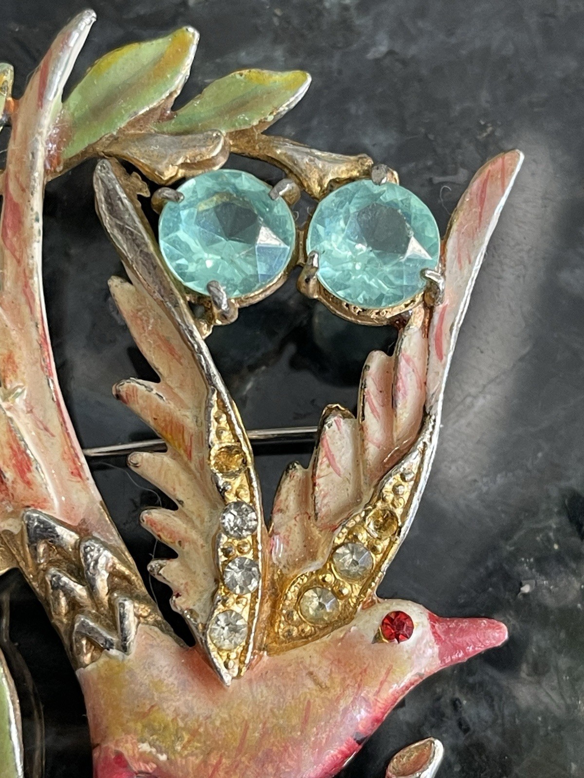 1940s Bird Of Paradise Eden Brooch Pot Metal Enamel Rhinestone Missing 3 Stones
