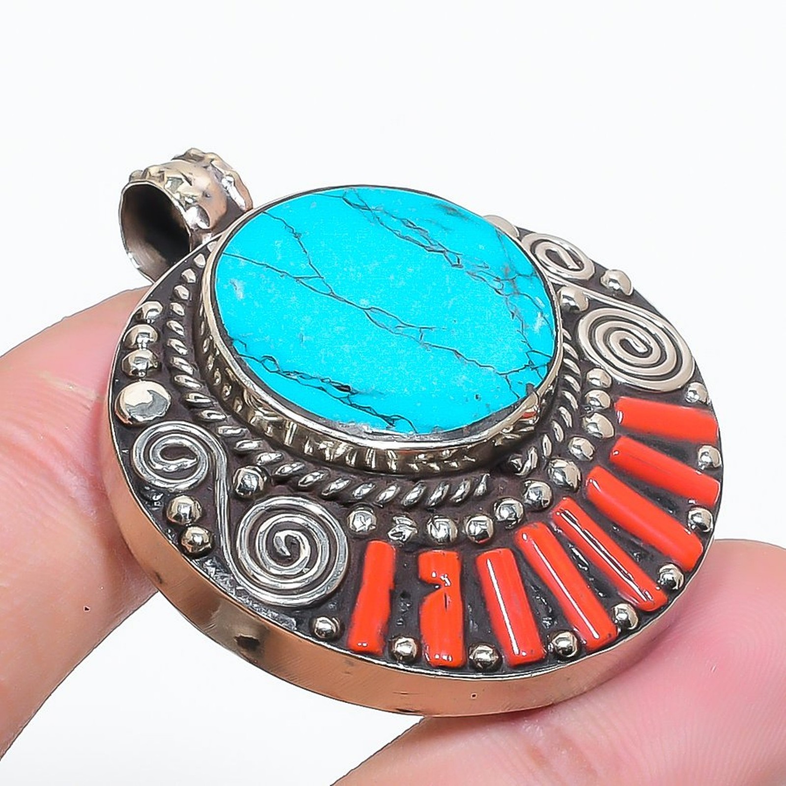 Tibetan Turquoise Coral Handmade Ethnic Gift Nepali Jewelry Pendant 1.8″ SR 2265