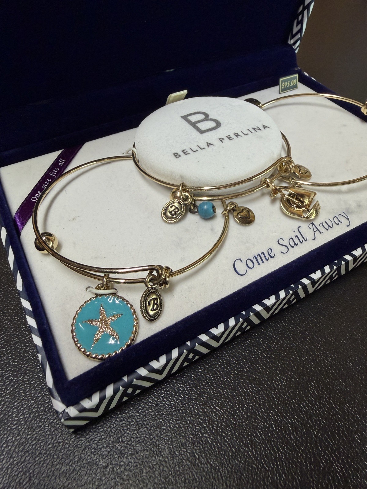 Bella Perlina European 3 Bangle Gold Charm Bracelet “Come Sail Away” Nautical