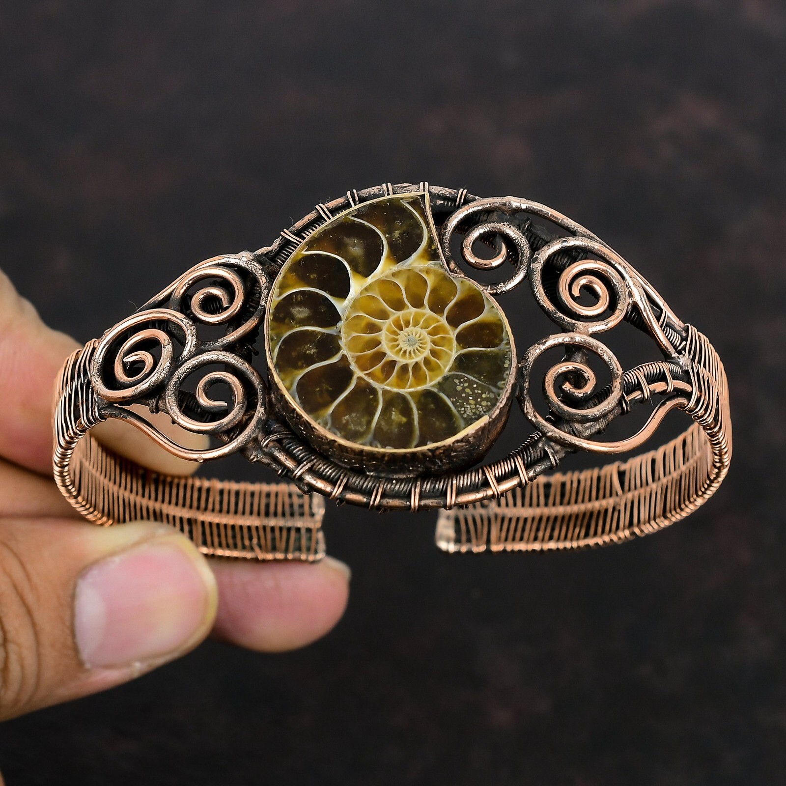 Ammonite Fossil Jewelry Copper Gift For Mom Wire Wrapped Adjustable Bangle
