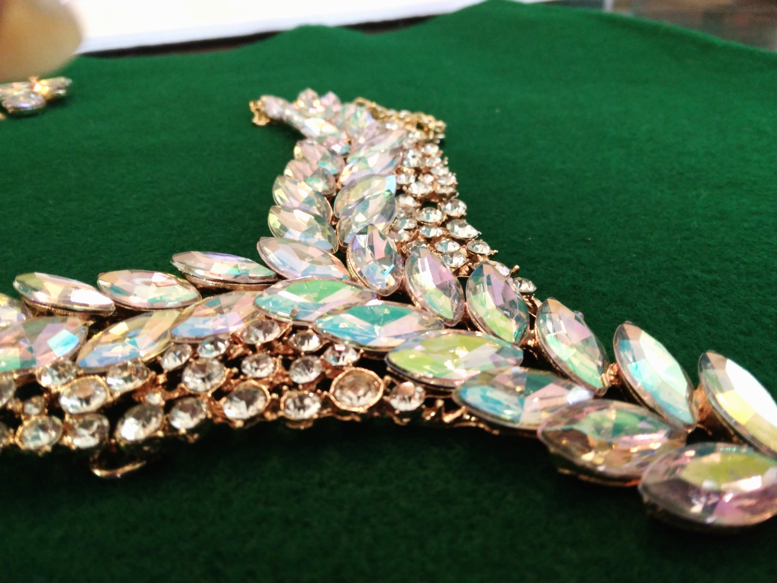 Contemporary Necklace Set Acrylic AB Marquis Stones Gold Tone Pierced Bridal