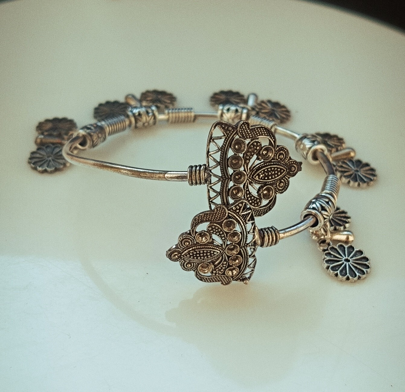 Silver Oxidized cuff adjustable Charm Flower Bracelet Women Partywear Jewelry