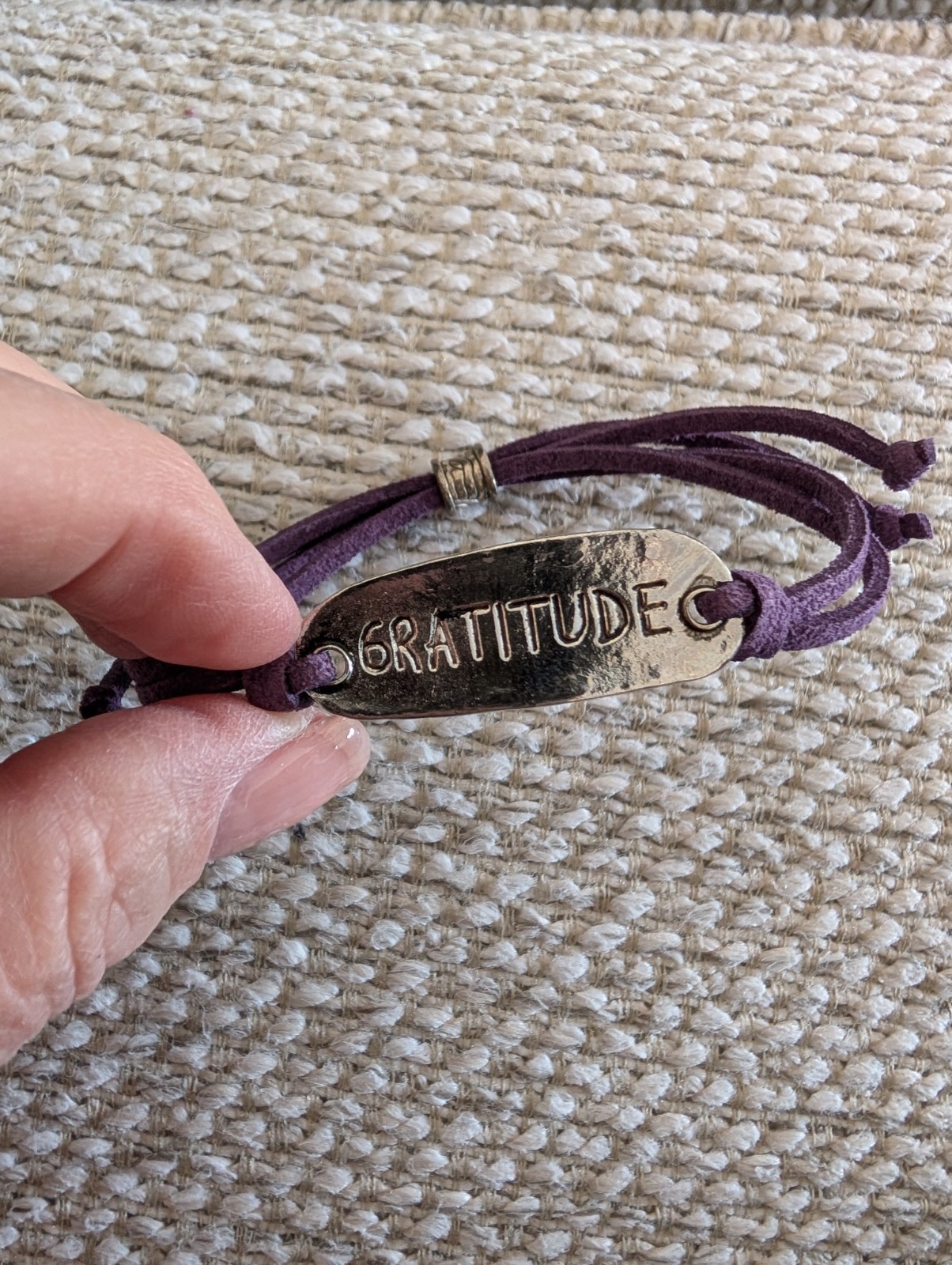 Engraved GRATITUDE Bracelet Purple Soft Suede Adjustable Cord