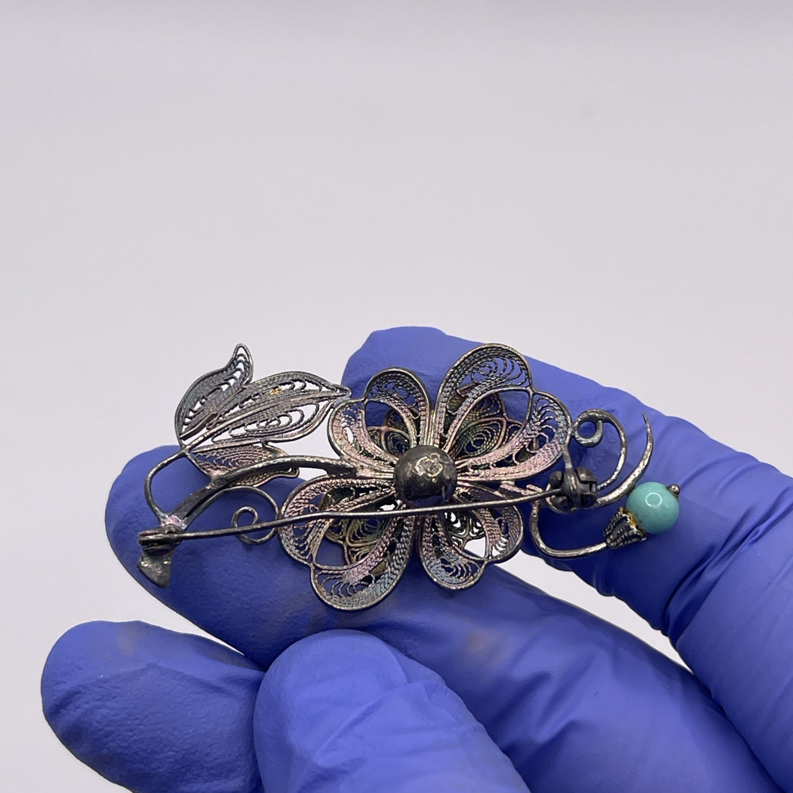 VTG Sterling Silver Filigree Flower Brooch. Signed Silver. Chinese Export? 5.46g