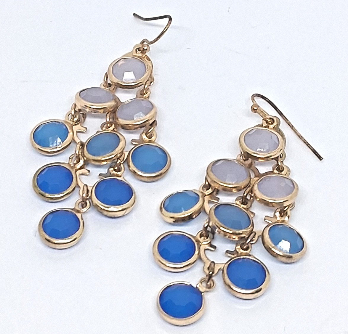 Gold Tone with Blue Taper 2 Inch Chandelier Drop Hook Earrings