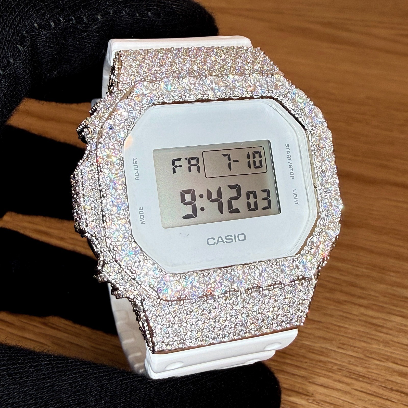 Authentic G Shock White DW5600 Custom Iced Out Moissanite Watch