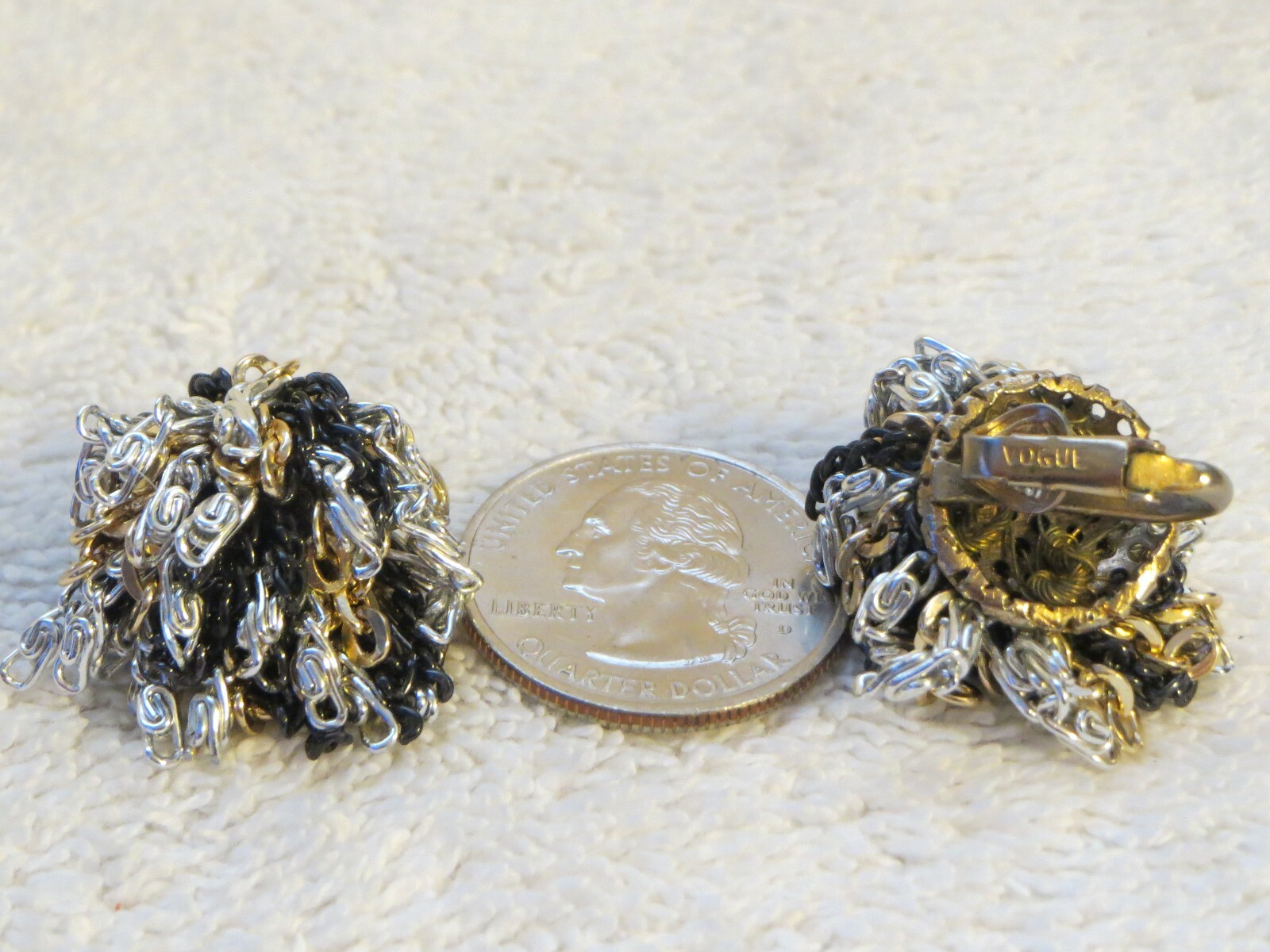 Vintage Black Silver Gold Chain Cluster Clip-On Earrings Signed Vogue