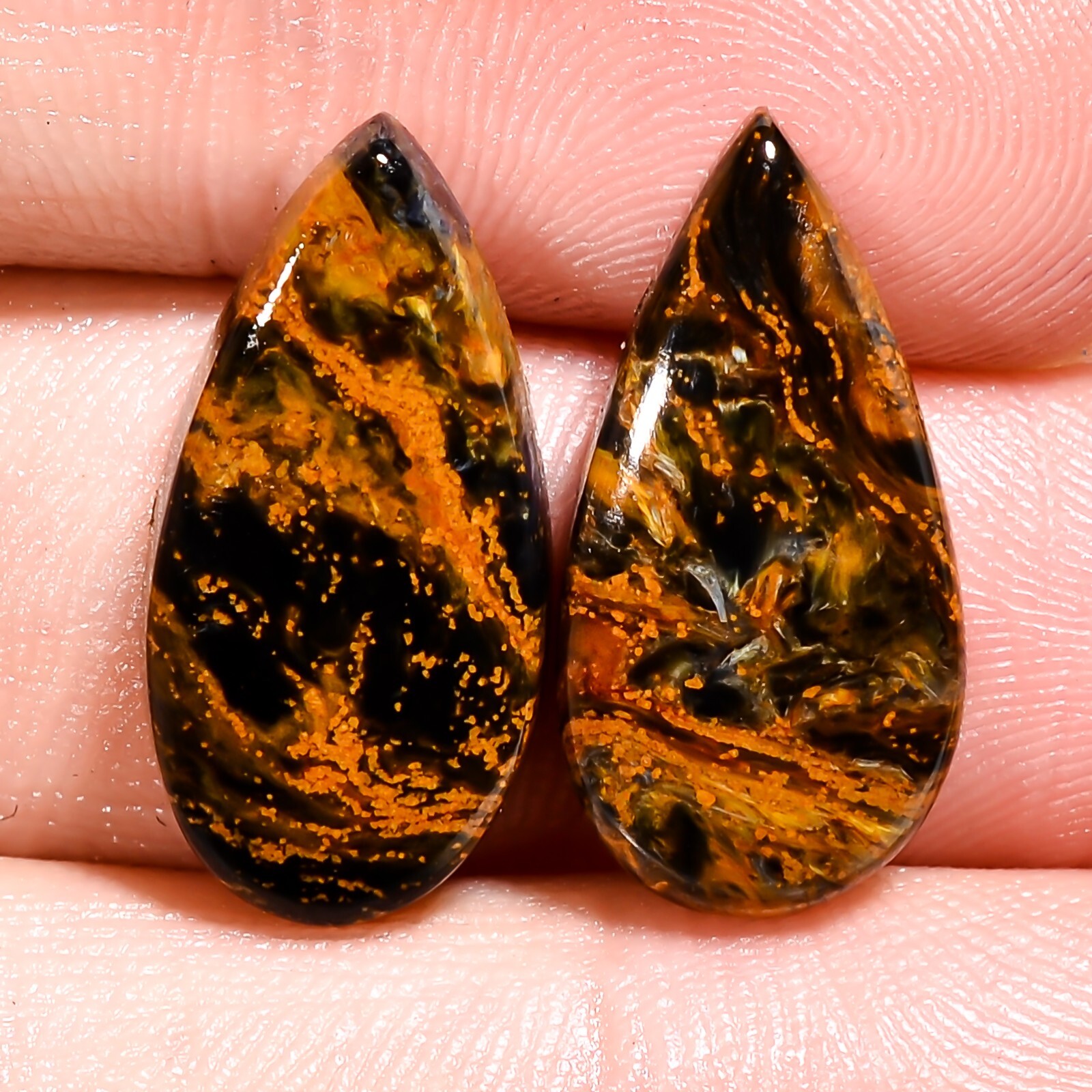 13.45 CTs Natural Golden PIETERSITE Pair Cabochon Pear Shape Gemstone 10x20x4mm