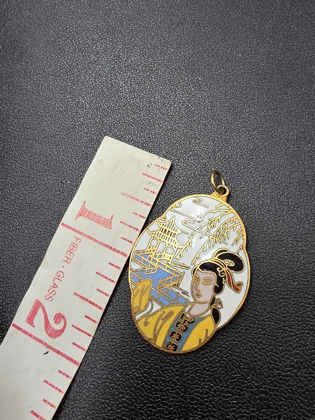 Vintage Cloisonné Enamel Asian Lady Pagoda Scenic Pendant Gold Tone Charm Estate