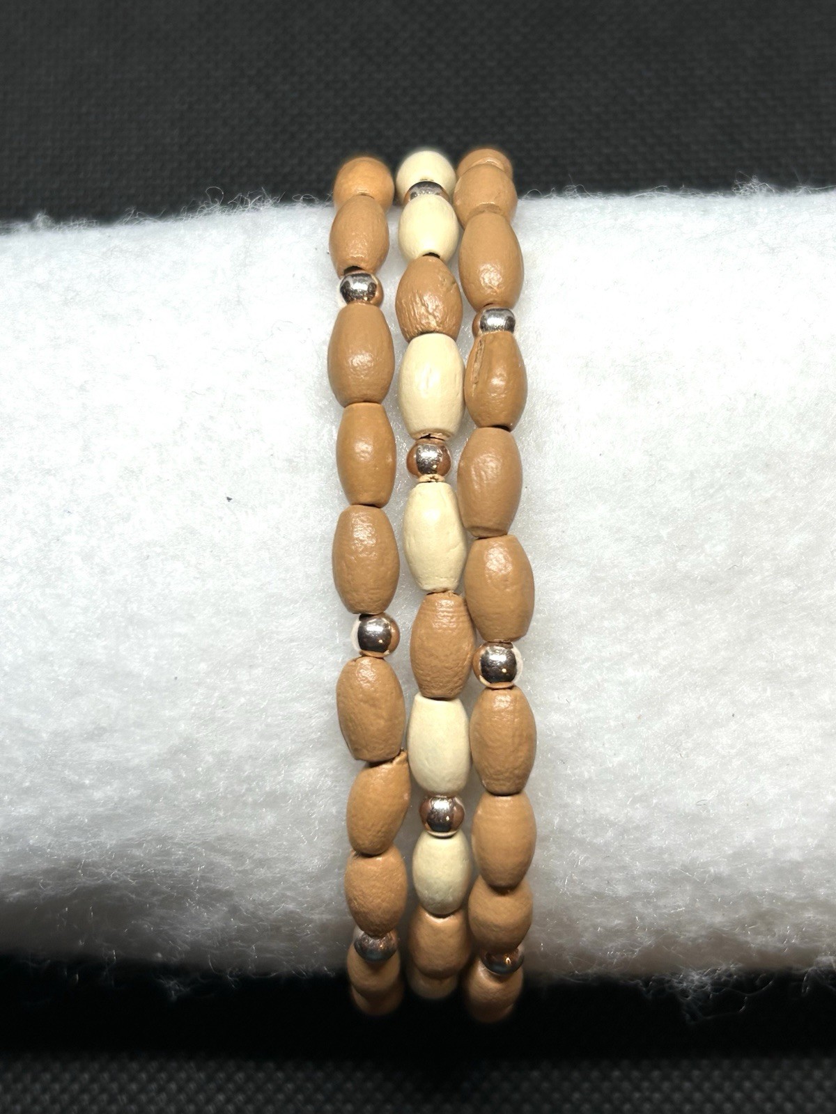 Tan & Ivory with Rose Gold accents Bamboo Wooden Beaded Bracelet Set Size Large