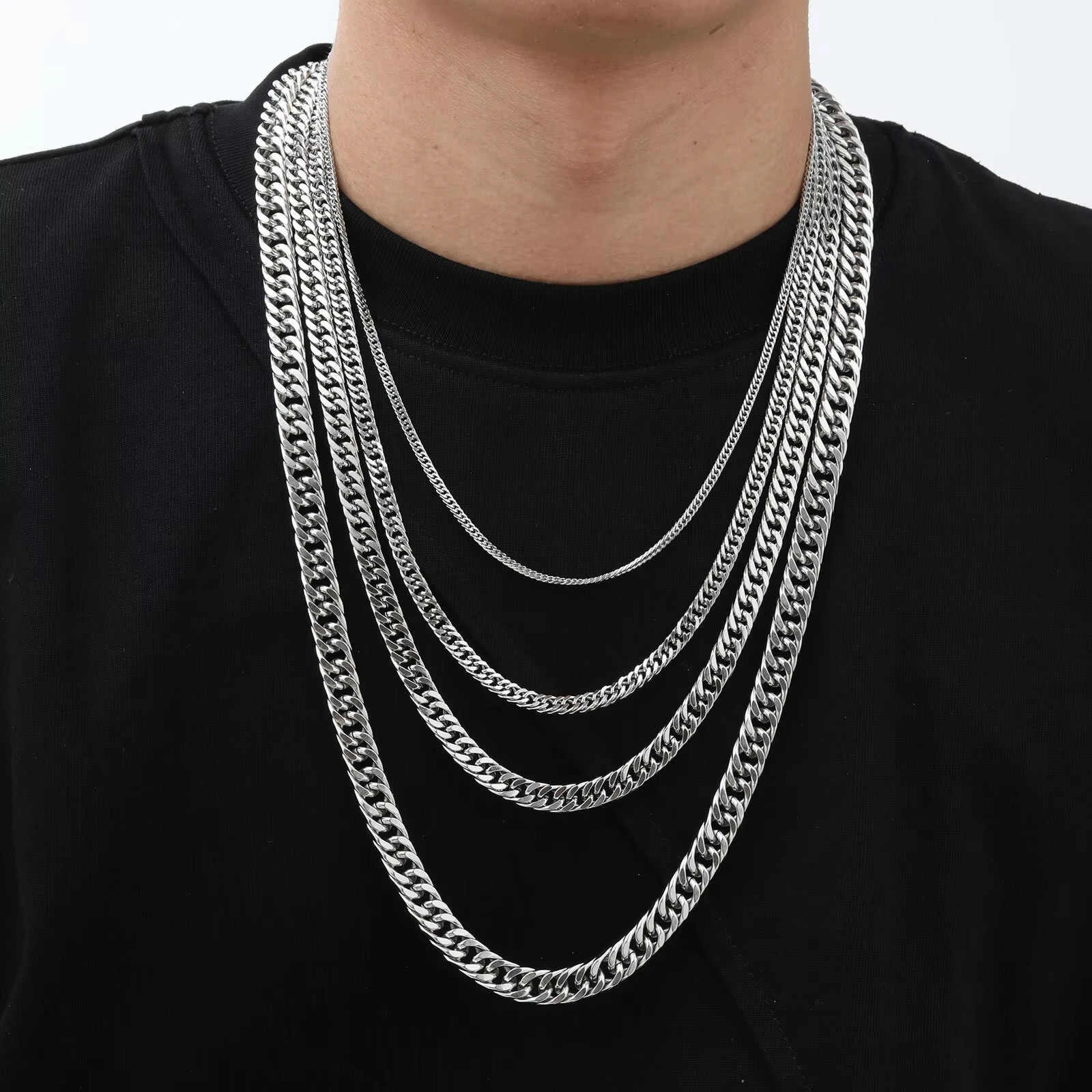 Punk Classic 3/5/7/9mm Width Cuban Chain Stainless Steel Necklace for Men Male H