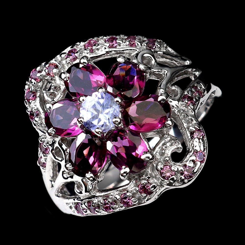 925 Sterling Silver Ring Oval Rhodolite Garnet Tanzanite Natural Gemstone Size 9
