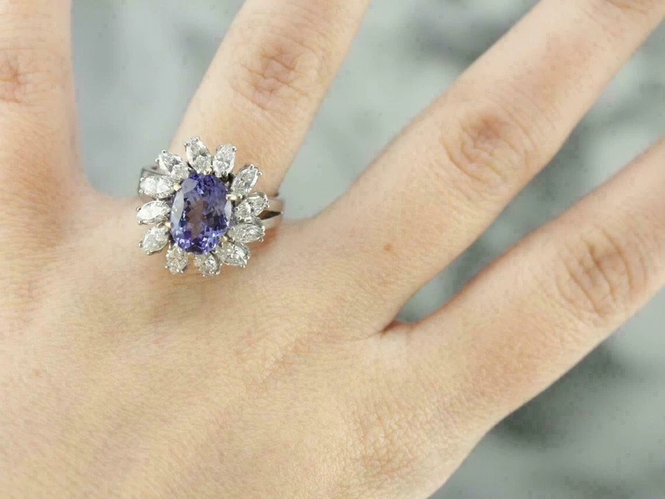 3.20Ct Oval Cut Blue Tanzanite Flower Engagement Ring 14K Two Tone Gold Finish
