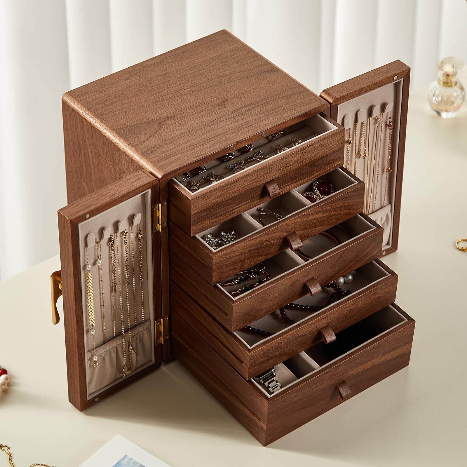 Black Walnut Wooden Jewelry Box 5 Layer Large Wood Jewelry Organizer Brass Ha…