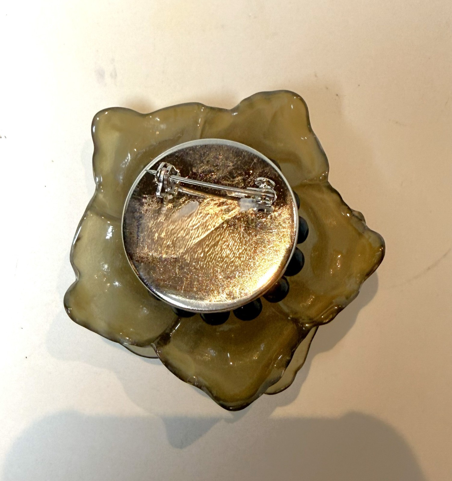 Angela Caputi Olive Green & Black Resin Flower Pin Brooch