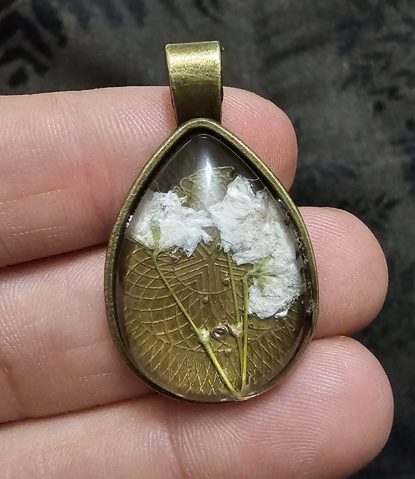 Bronze Teardrop Resin Pendant Real Baby’s Breath Flowers Handmade