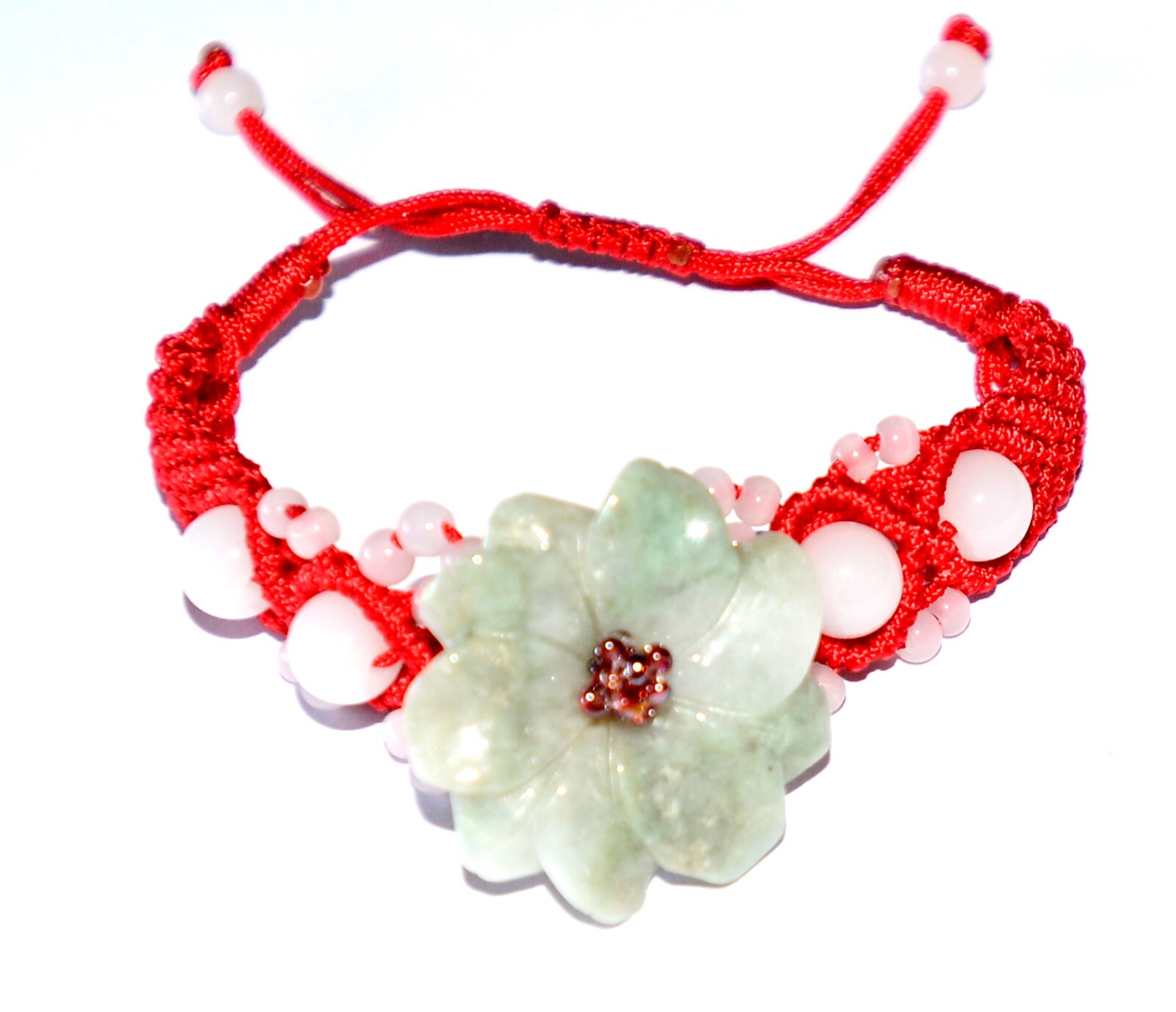 Macrame Friendship Adjustable Red Cord Feng Shui Flower Jade Charm Bracelet