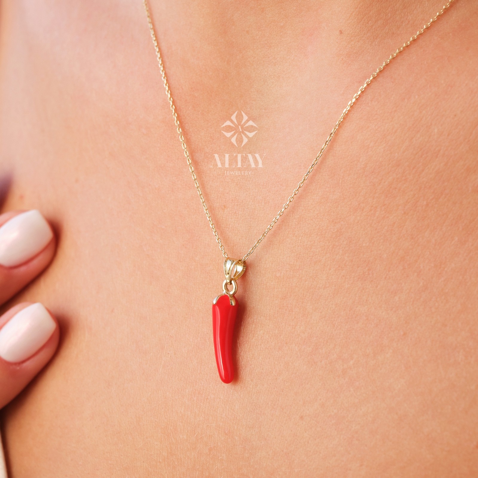 14K Gold Red Horn Necklace, Italian Cornicello Amulet, Chili Pepper Pendant