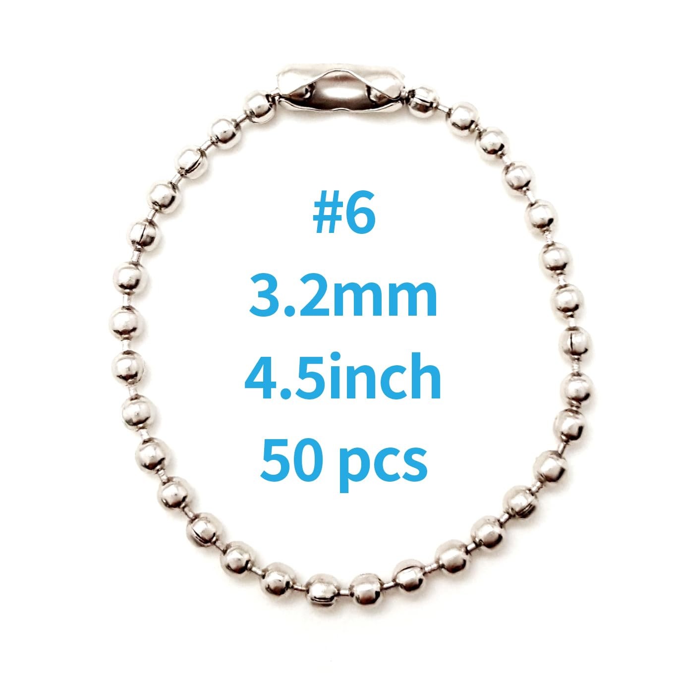 50-Pack 4-Inch Ball Chains with Connectors, 3.2mm Stainless Steel Beaded Chain f
