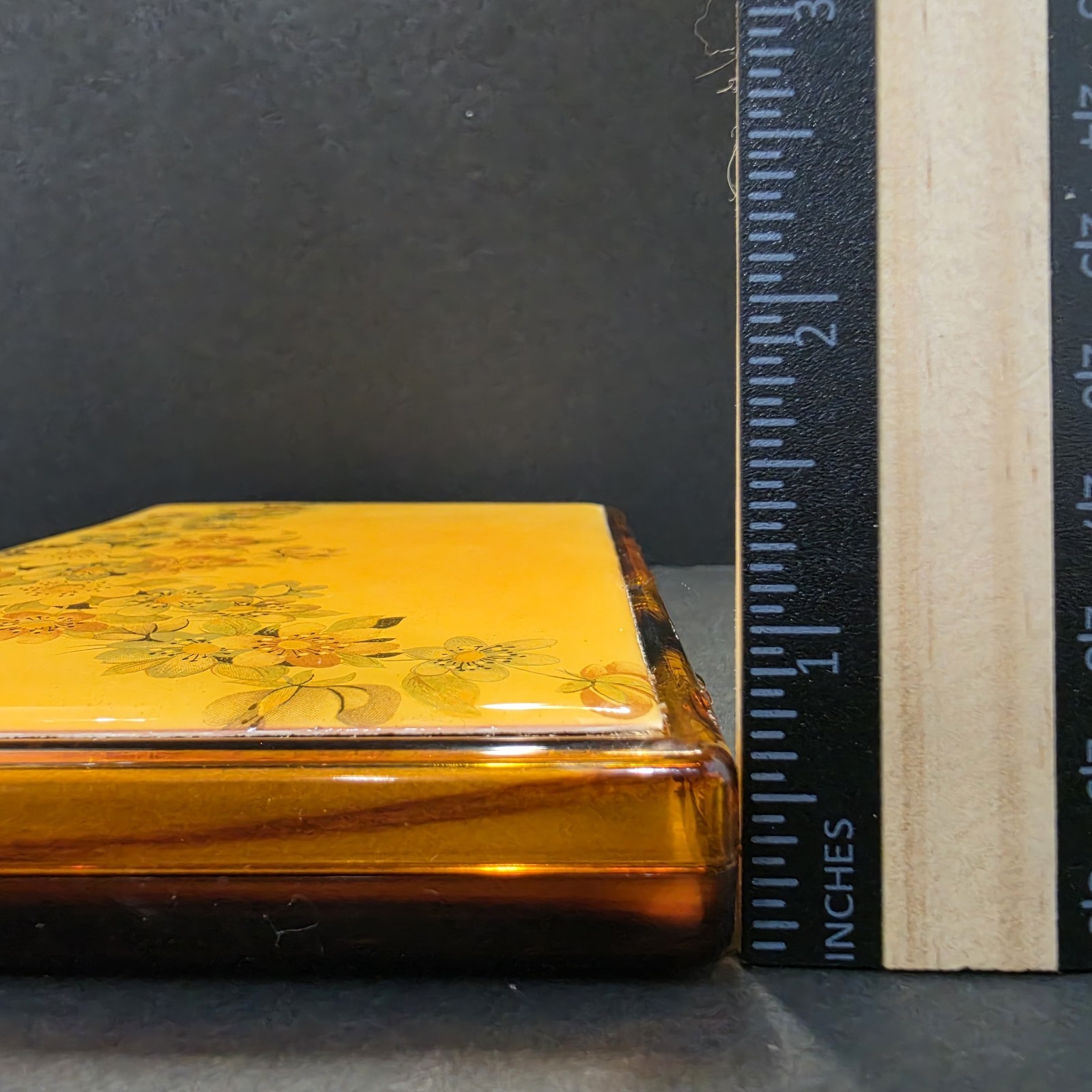 Vintage 1970s Mustard Yellow Floral Lucite Acrylic Jewelry Box Valet Tray…