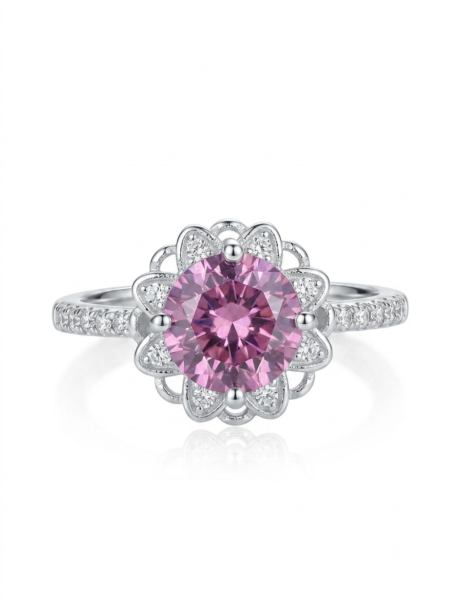 925 Silver Halo Ring, Pink Zircon Flower Engagement Ring, Handmade Promise Gift