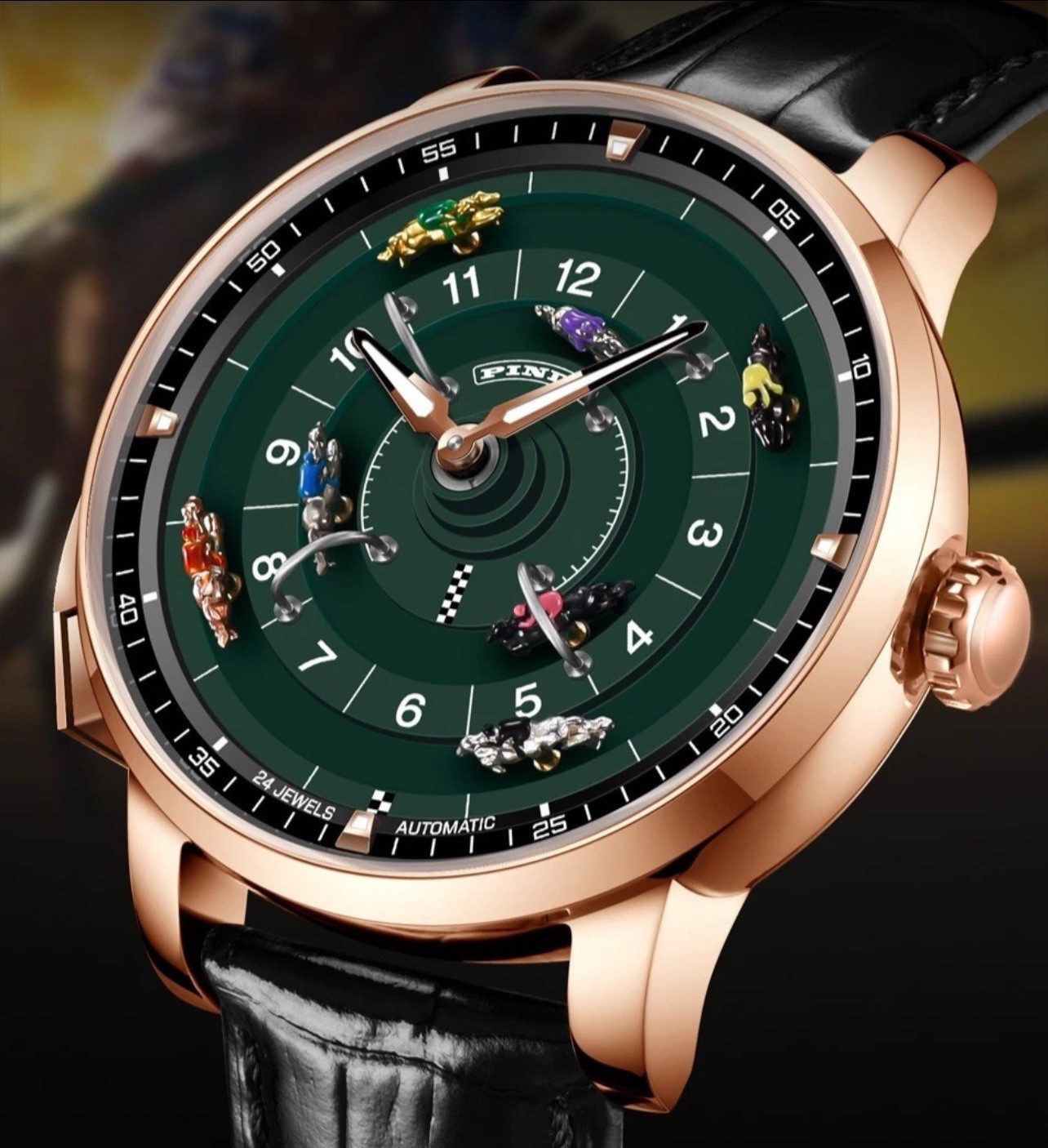 PINDU Men’s Automatic Watch Horse Racing Track Rotating 46mm Watch Gold Case