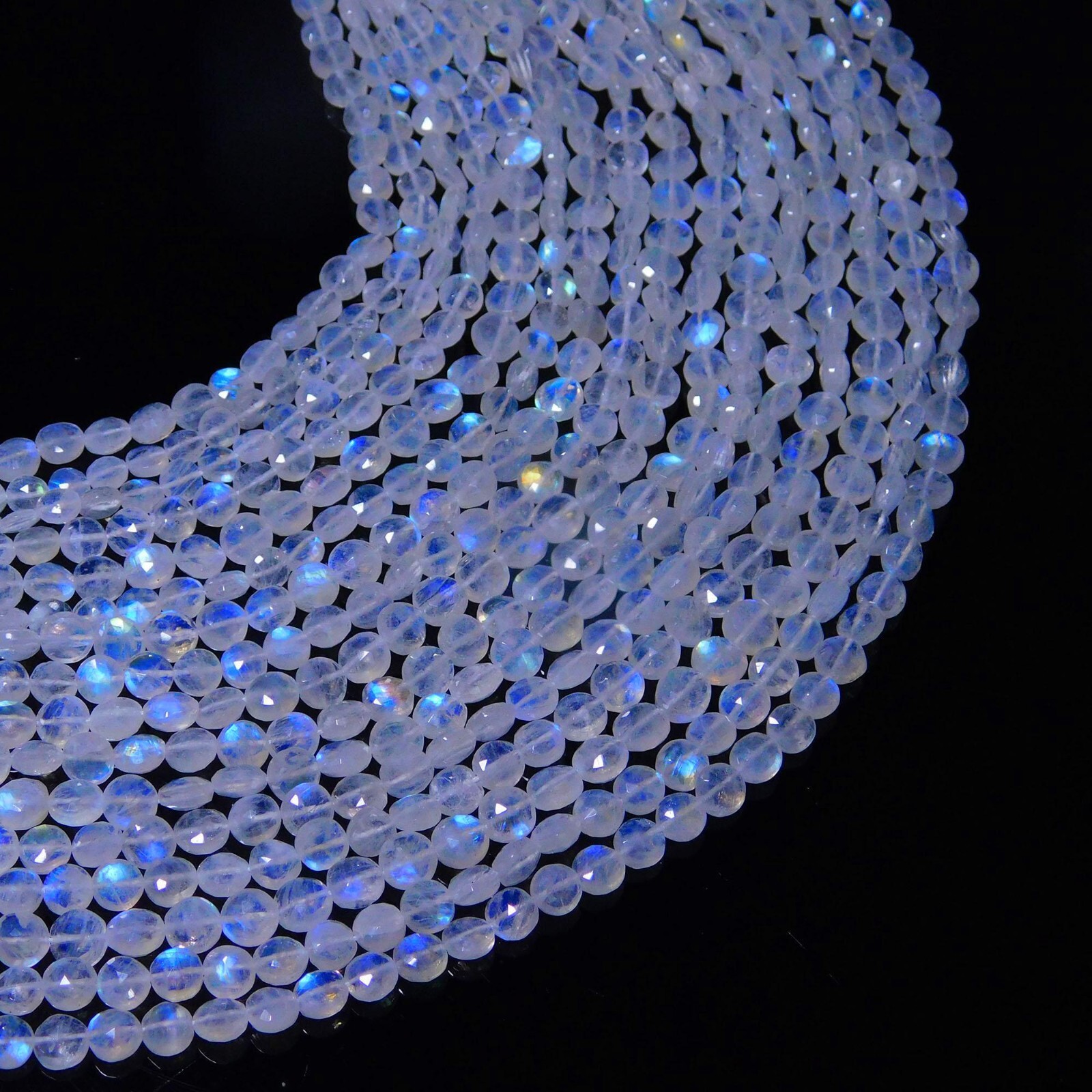 Natural Gem Rainbow Moonstone Multiple Size Blue Fire Faceted Coin Beads 13″