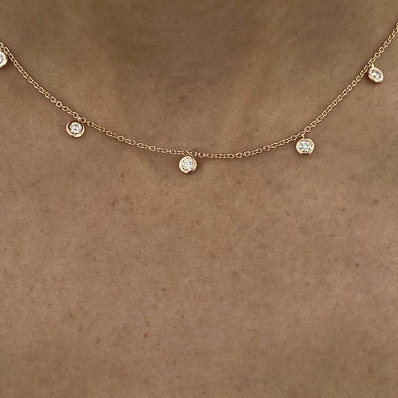 Festival Sale ! Round Natural Bezel Set Diamond Station Necklace 14k Yellow Gold