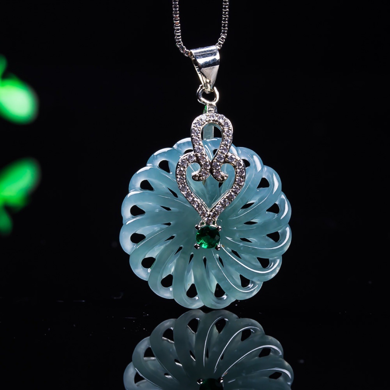 Myanmar Jadeite Flower Pendant Necklace Accessories Amulet 925 Silver Real Jade