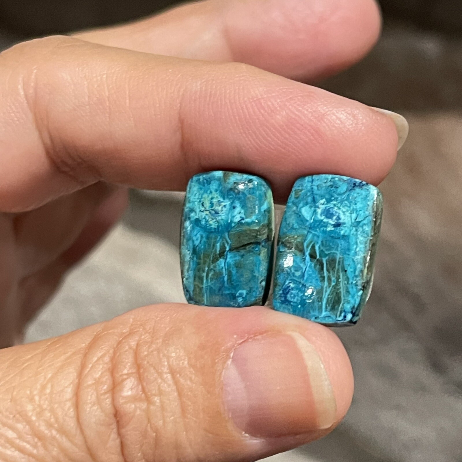 19.6ct 14.3×11.5×4.3mm Pair Of Rare Blue Shattuckite Rectangle Cabochons Gems