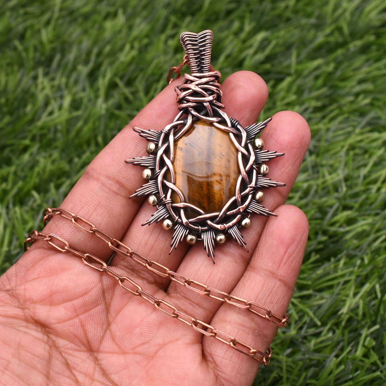 Tiger’s Eye Gemstone Copper Wire Wrap Handmade Jewelry Pendant 2.28″