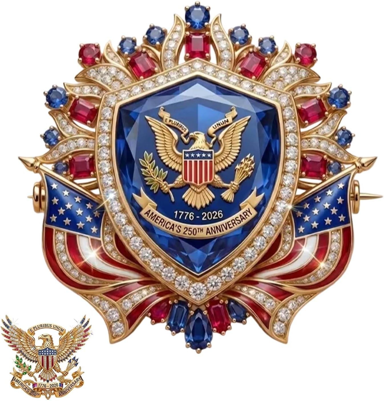 US 250th Anniversary Brooch Pin, Patriotic Bald Eagle Rhinestone Lapel Pin
