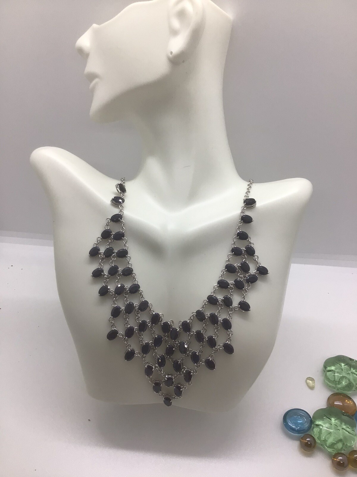 Womens White Gold Rhodium Finish 17 Inch Saphire Designer Necklace