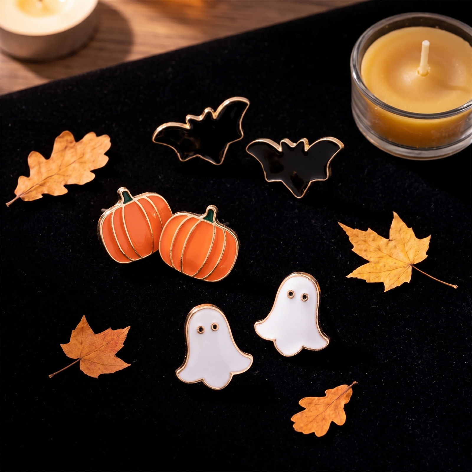Halloween Earrings Set 3 Pairs Pumpkin Ghost Bat Stud Women Gold-Tone Gift