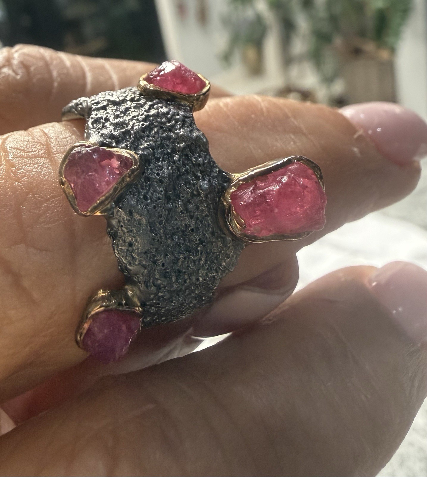 Silver, Gold & Black Rhodium-Plated German Kabirski Rough Ruby Ring Sz 8